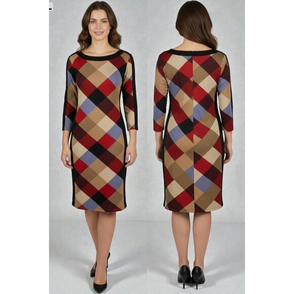 Nine West Womens Black Geometric Plaid Sheath Dress Size 10 Quarter Sleeve Midi - Picture 8 of 9